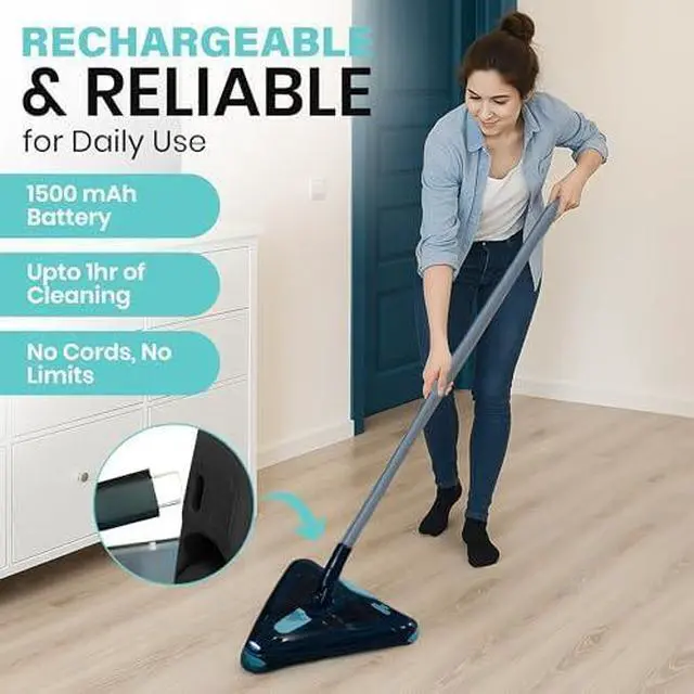 Alt view image 5 of 12 - Sweeper Standard - 2025 New and Improved Lightweight Sweeper, Perfect for Short Carpet Hardwood and Tile, Triangular Design Allows for Sweeping in Corners, LED Light, 30 Minutes Cleaning Time