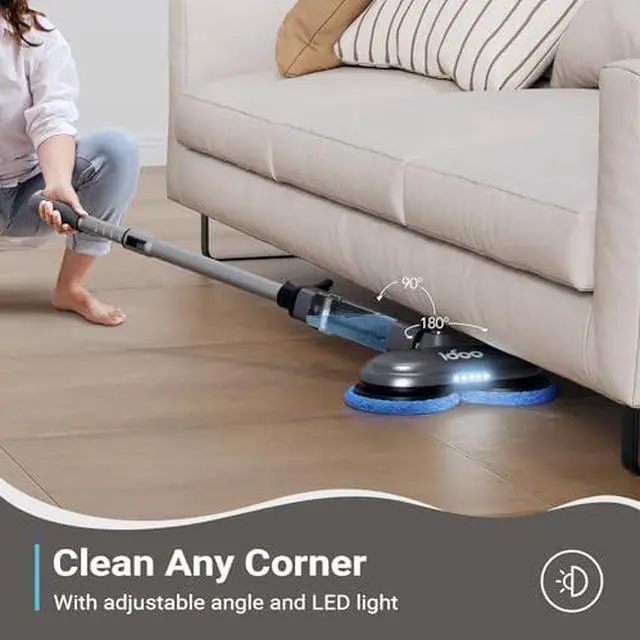Alt view image 2 of 12 - Electric Mop, Floor Scrubber Electric Spin with LED Headlight, Rechargeable Dust Cordless Dual-Motor, Spray Mop for Hardwood Floor, Clean up to 2350 ft², 46dB Quiet, Gray-4 Pads