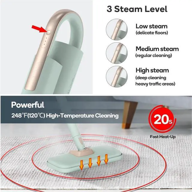 Alt view image 2 of 14 - Steam Mop & Detachable Handheld Cleaner, 250ml 1200W Powerful Floor Steamer, 3 Adjustable Levels for Carpet Laminate Hardwood Grout, Carpet Glider, 7 Multi-purpose Accessories & 2 Pads
