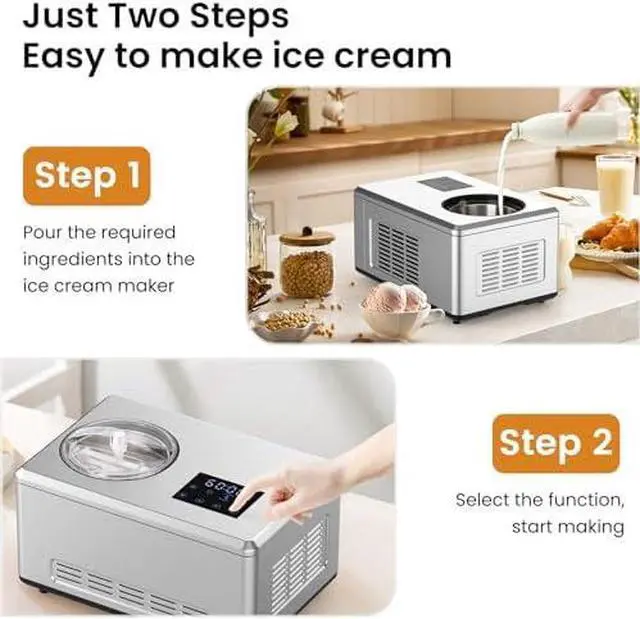 Alt view image 3 of 13 - 1.6 Quart Ice Cream Maker Machine with Built-in Compressor, Fully Automatic and No Pre-freezing, Frozen Yogurt, Keep-cooling and Timer, Stainless Steel
