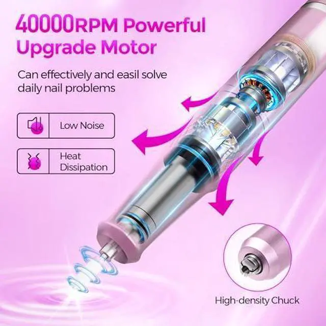 Alt view image 2 of 13 - Nail Drill Electric File: DEDNMSCA Sparkly Professional Nail Drill Kit, 40000RPM E-file Machine with USB LED Light and 12 Drill Bits for Acrylic Nail Remove Gel Polish Manicure for Salon Home, Diamond