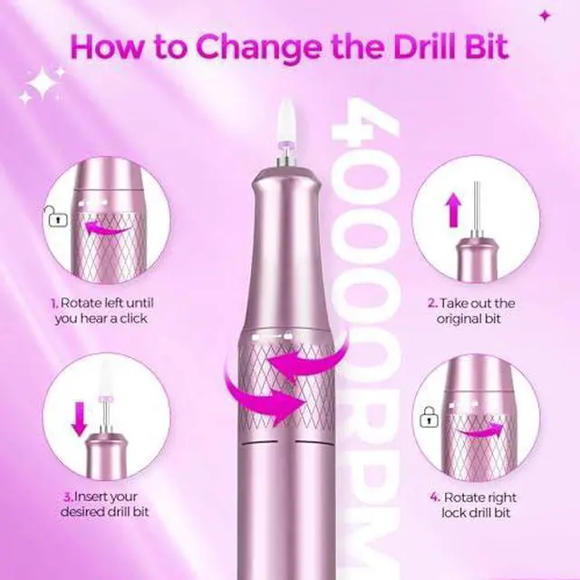 Alt view image 3 of 13 - Nail Drill Electric File: DEDNMSCA Sparkly Professional Nail Drill Kit, 40000RPM E-file Machine with USB LED Light and 12 Drill Bits for Acrylic Nail Remove Gel Polish Manicure for Salon Home, Diamond