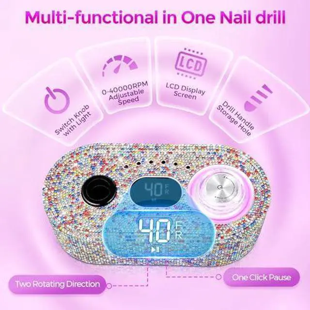 Alt view image 4 of 13 - Nail Drill Electric File: DEDNMSCA Sparkly Professional Nail Drill Kit, 40000RPM E-file Machine with USB LED Light and 12 Drill Bits for Acrylic Nail Remove Gel Polish Manicure for Salon Home, Diamond