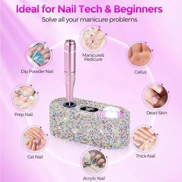 Alt view image 5 of 13 - Nail Drill Electric File: DEDNMSCA Sparkly Professional Nail Drill Kit, 40000RPM E-file Machine with USB LED Light and 12 Drill Bits for Acrylic Nail Remove Gel Polish Manicure for Salon Home, Diamond