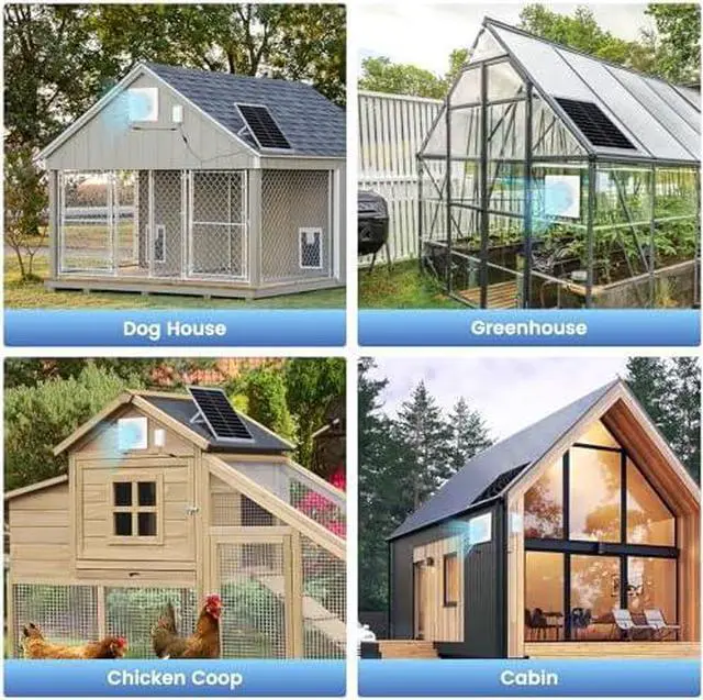 Alt view image 4 of 11 - Solar Powered Fan Pro w 6000mAh Battery Run Day/Night, 9.5" Exhaust Fan+ 20W Solar Panel for Greenhouse Air Cooling Circulation with 16Ft On/Off Cable, Intake for Shed, Chicken Coop