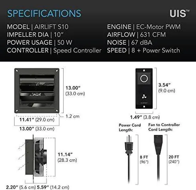 Alt view image 5 of 13 - AIRLIFT T10, Shutter Exhaust Fan 10" with WiFi Temperature Humidity Controller, EC-Motor Wall Mount Ventilation and Cooling for Sheds, Attics, Workshops, and Greenhouses