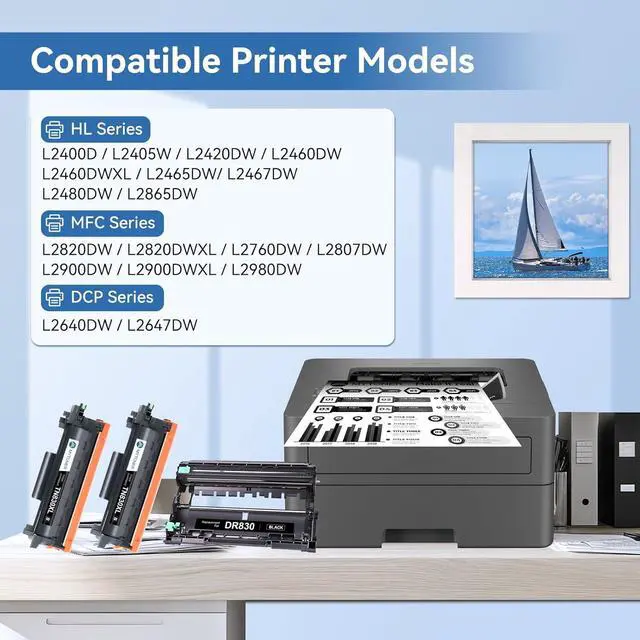 Alt view image 2 of 6 - Compatible Toner Cartridge and Drum Unit Replacement for Brother TN830XL TN830 XL/V/R TN-830 DR830 DR-830 Drum for DCP-L2640DW HL-L2460DW MFC-L2820DW XL HL-L2405W L2400D Printer 2 Toner 1 Drum