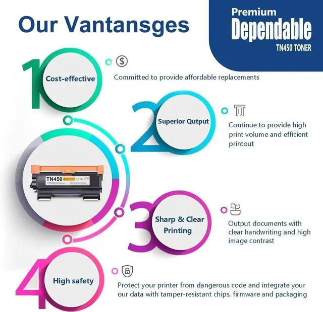 Alt view image 7 of 7 - TN-450 TN450 Toner Cartridge Black High Yield Replacement for Brother TN450 HL-2270dw HL-2280dw MFC-7860dw IntelliFax 2840 2940 Printer TN4502PK Toner
