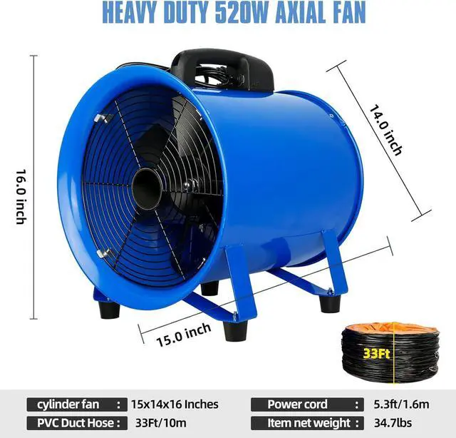 Alt view image 2 of 7 - Utility Blower 520W 12inch Exhaust Axial Fan 4100 m3/h High Velocity Portable Extractor Fan with 33Ft Duct Hose Portable Ventilator for Exhausting Ventilating at Home or Workplace 370PA