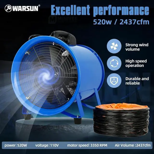 Alt view image 3 of 7 - Utility Blower 520W 12inch Exhaust Axial Fan 4100 m3/h High Velocity Portable Extractor Fan with 33Ft Duct Hose Portable Ventilator for Exhausting Ventilating at Home or Workplace 370PA