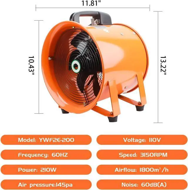 Alt view image 3 of 6 - 8-Inch High-Velocity Portable Utility Blower Fan, Industrial Exhaust Fan with 16.4ft Flexible Duct Hose, 3150 RPM Low-Noise Ventilator for Basements, Workshops, Warehouses, and Confined Spaces