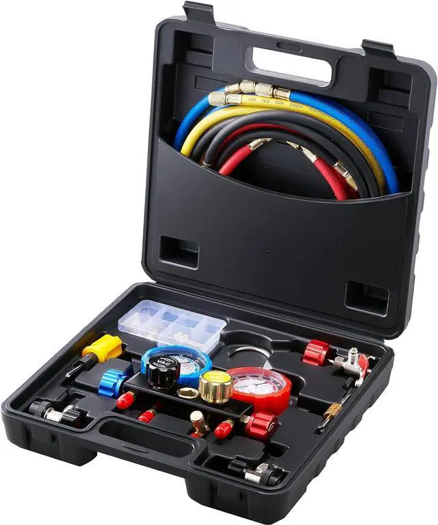 Main image of 4 Way AC Gauge - AC Manifold Gauge Set for R134A R22 R12 R410A Refrigerant, Freon Gauges with 5ft Hoses, Couplers, Can Tap Works on Car Auto Freon Charging and Evacuation