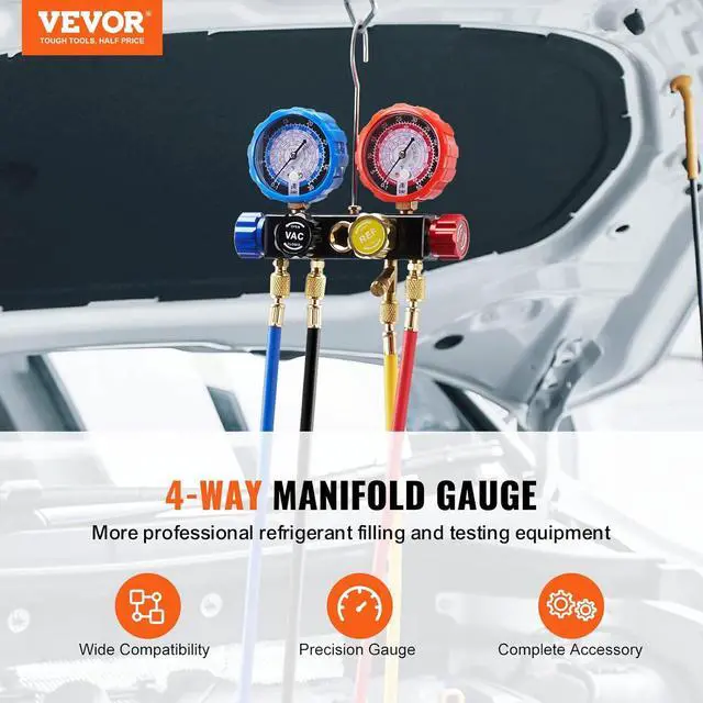 Alt view image 2 of 7 - 4 Way AC Gauge - AC Manifold Gauge Set for R134A R22 R12 R410A Refrigerant, Freon Gauges with 5ft Hoses, Couplers, Can Tap Works on Car Auto Freon Charging and Evacuation