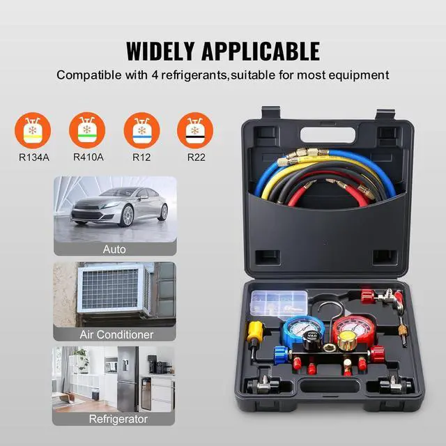 Alt view image 3 of 7 - 4 Way AC Gauge - AC Manifold Gauge Set for R134A R22 R12 R410A Refrigerant, Freon Gauges with 5ft Hoses, Couplers, Can Tap Works on Car Auto Freon Charging and Evacuation