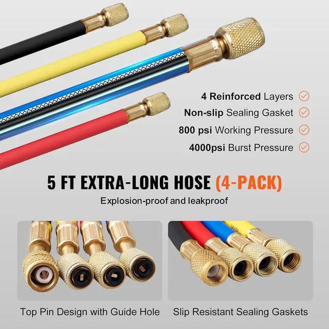 Alt view image 4 of 7 - 4 Way AC Gauge - AC Manifold Gauge Set for R134A R22 R12 R410A Refrigerant, Freon Gauges with 5ft Hoses, Couplers, Can Tap Works on Car Auto Freon Charging and Evacuation