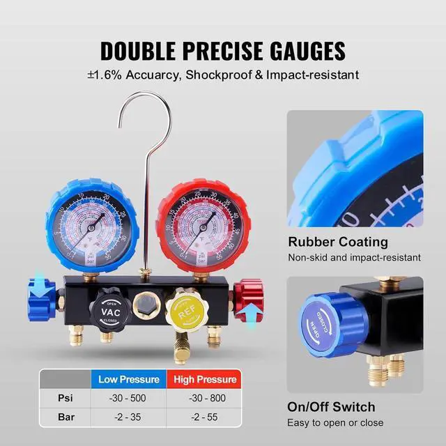 Alt view image 5 of 7 - 4 Way AC Gauge - AC Manifold Gauge Set for R134A R22 R12 R410A Refrigerant, Freon Gauges with 5ft Hoses, Couplers, Can Tap Works on Car Auto Freon Charging and Evacuation