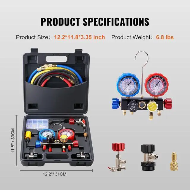 Alt view image 7 of 7 - 4 Way AC Gauge - AC Manifold Gauge Set for R134A R22 R12 R410A Refrigerant, Freon Gauges with 5ft Hoses, Couplers, Can Tap Works on Car Auto Freon Charging and Evacuation