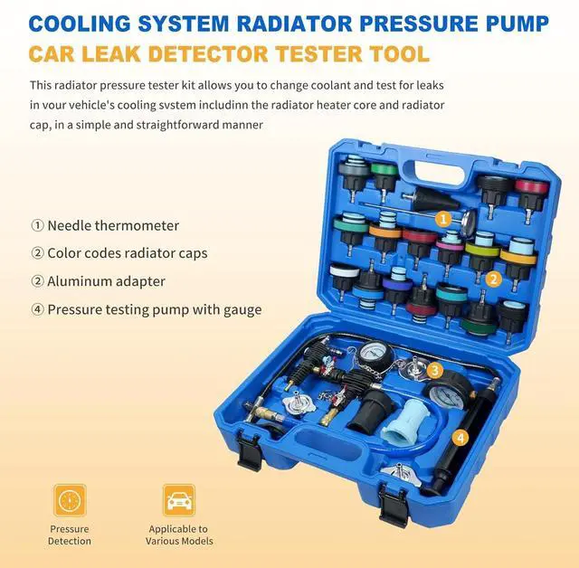 Alt view image 2 of 7 - 28PCS Coolant Pressure Tester & Vacuum Refill Kit, Radiator Pump Pressure Tester Kit for Automotive Cooling System Water Tank Leakage Detection, Fits Most Vehicles, Cars, SUVs, and Trucks