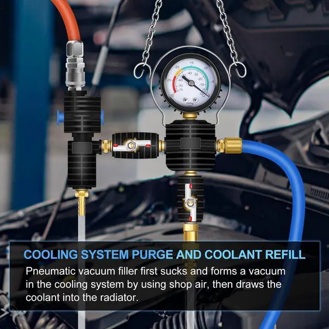 Alt view image 6 of 7 - Radiator Pressure Leakage Tester Vacuum Cooling System Purge Coolant Refill Tool Kit 28PCS Universal Automotive Water Tank Leak Test Detector Pneumatic Vacuum Coolant Change Set