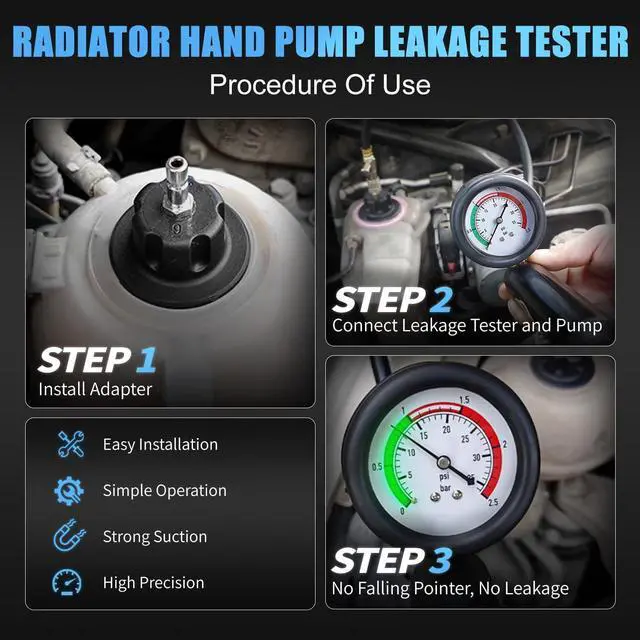Alt view image 4 of 7 - Radiator Pressure Leakage Tester Vacuum Cooling System Purge Coolant Refill Tool Kit 28PCS Universal Automotive Water Tank Leak Test Detector Pneumatic Vacuum Coolant Change Set