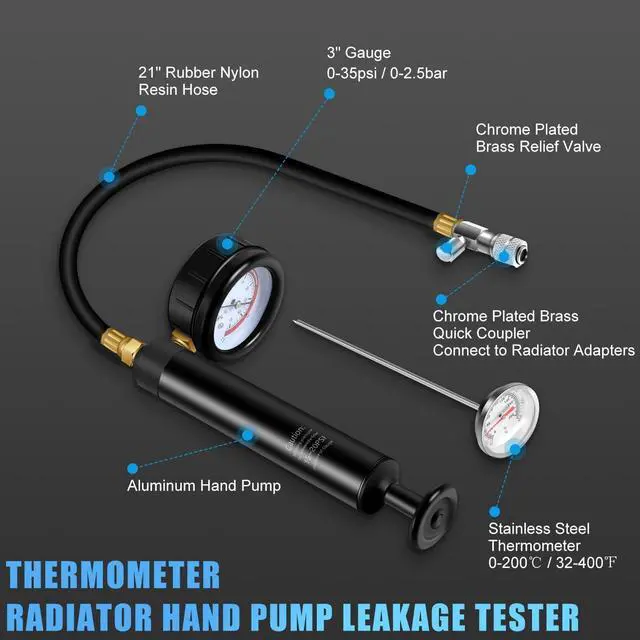 Alt view image 3 of 7 - Radiator Pressure Leakage Tester Vacuum Cooling System Purge Coolant Refill Tool Kit 28PCS Universal Automotive Water Tank Leak Test Detector Pneumatic Vacuum Coolant Change Set