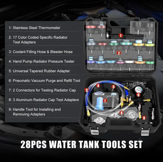Alt view image 2 of 7 - 28PCS Radiator Pressure Tester and Coolant Refill Tool Kit, Auto Cooling System Leakage Test and Pneumatic Vacuum Purge Filling Set Universal for Airlift Car Auto Truck
