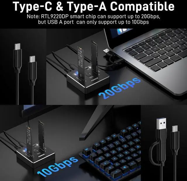 Alt view image 3 of 7 - M.2 NVMe SATA SSD Cloner Dock, USB 3.2 Gen 2 X 2, 20Gbps Dual Enclosure, Duplicator Cloner, Support Offline Clone, UASP and Trim, Aluminum Design Black -
