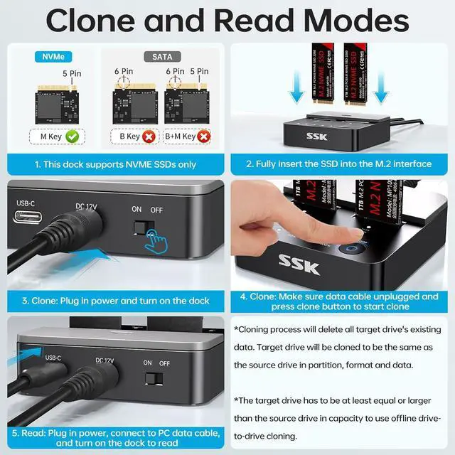 Alt view image 6 of 7 - NVMe SSD Cloner, M.2 Duplicator Dual Bay NVMe Enclosure, Tool-Free 20Gbps USB3.2 Gen 2X2 SSD to USB Adapter M.2 Docking Station for M Key PCIE NVMeSSD Reader Supports Offline Clone