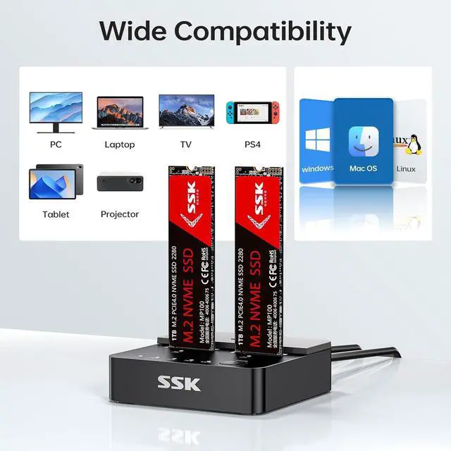Alt view image 7 of 7 - NVMe SSD Cloner, M.2 Duplicator Dual Bay NVMe Enclosure, Tool-Free 20Gbps USB3.2 Gen 2X2 SSD to USB Adapter M.2 Docking Station for M Key PCIE NVMeSSD Reader Supports Offline Clone