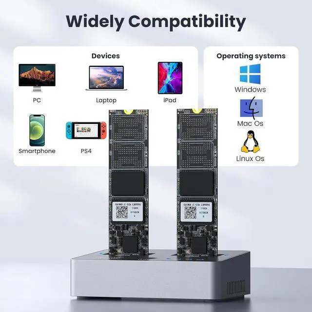 Alt view image 6 of 7 - NVME to NVME, SATA to SATA SSD Cloner,  DUP230 Dual-Bay Offline Clone M.2 Duplicator, USB3.2 Gen2*2 20Gbps M.2 Cloner for SSD Size 2230/2242/2260/2280/22110