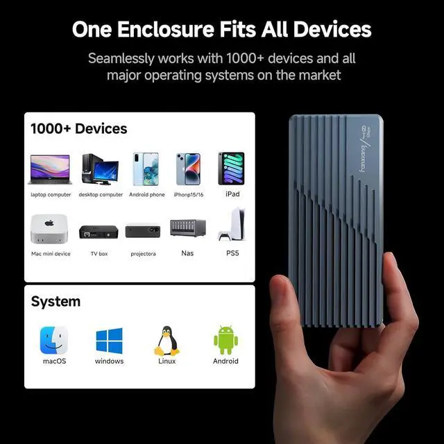 Alt view image 5 of 7 - 40Gbps M.2 NVMe SSD Enclosure with Cooling Fan, Compatible with USB4/3.2/3.1/3.0, Thunderbolt 3/4, USB Adapter/Reader, Supports M Key and Size 2230/2242/2260/2280 SSDs, MP400