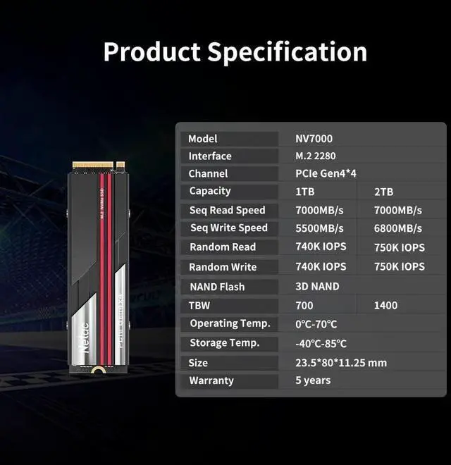 Alt view image 2 of 7 - 2TB PCIe 4.0 NVMe SSD M.2 2280 Internal Solid State Drive with Heatsink SLC Caching Speed up to 7,000MB/s High-Performance for PCs Desktop, Works with PS5, Heat Control Easy to Install- NV7000