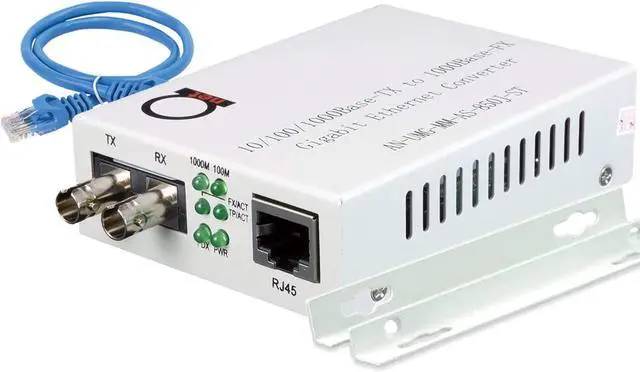 Main image of Multimode ST Gigabit Fiber Media Converter - Built-in ST Fiber Module 550 m (0.34 Miles) 850 nm - to UTP Cat5e 10/100/1000 RJ-45  Auto Sensing Gigabit or Fast Ethernet - Jumbo Frame - LLF Support