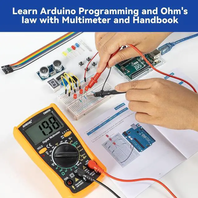 Alt view image 4 of 6 - Beginner's Lab Starter Kit with Original  Uno R3 REV3 Board Multimeter Basic to Advance 25 Projects HCSR-04 Sensor Button Temp LED Microcontroller Programming