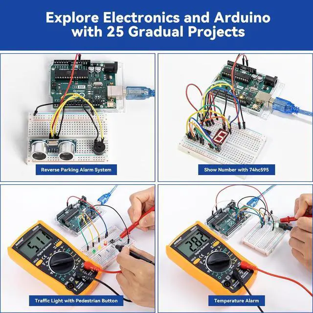 Alt view image 5 of 6 - Beginner's Lab Starter Kit with Original  Uno R3 REV3 Board Multimeter Basic to Advance 25 Projects HCSR-04 Sensor Button Temp LED Microcontroller Programming