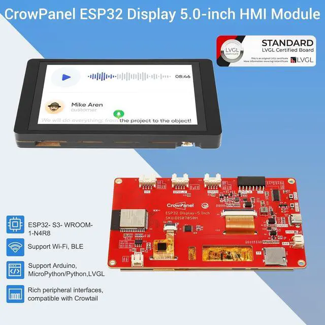 Alt view image 2 of 7 - ESP32 Display 800×480, 5 Inch HMI ESP32 RGB TFT LCD Touch Screen with Acrylic Case, 32-Bit LX6 Dual-Core Processor, Up to 240MHz, Compatible with , LVGL, PlatformIO, MicroPython