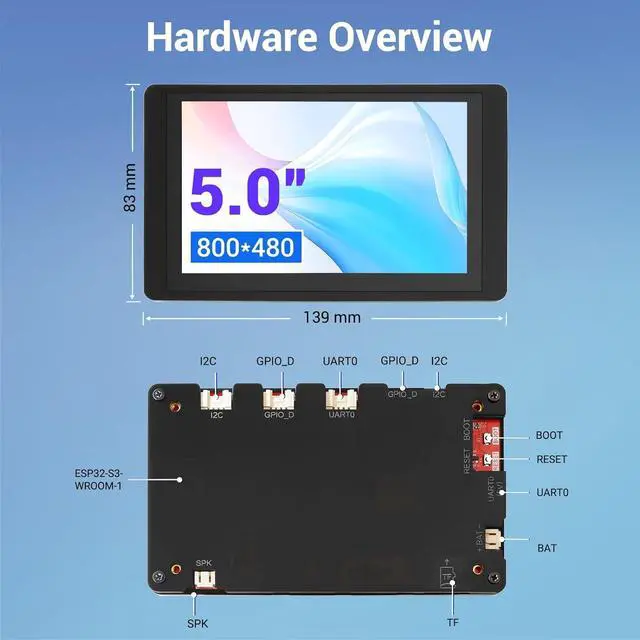 Alt view image 3 of 7 - ESP32 Display 800×480, 5 Inch HMI ESP32 RGB TFT LCD Touch Screen with Acrylic Case, 32-Bit LX6 Dual-Core Processor, Up to 240MHz, Compatible with , LVGL, PlatformIO, MicroPython