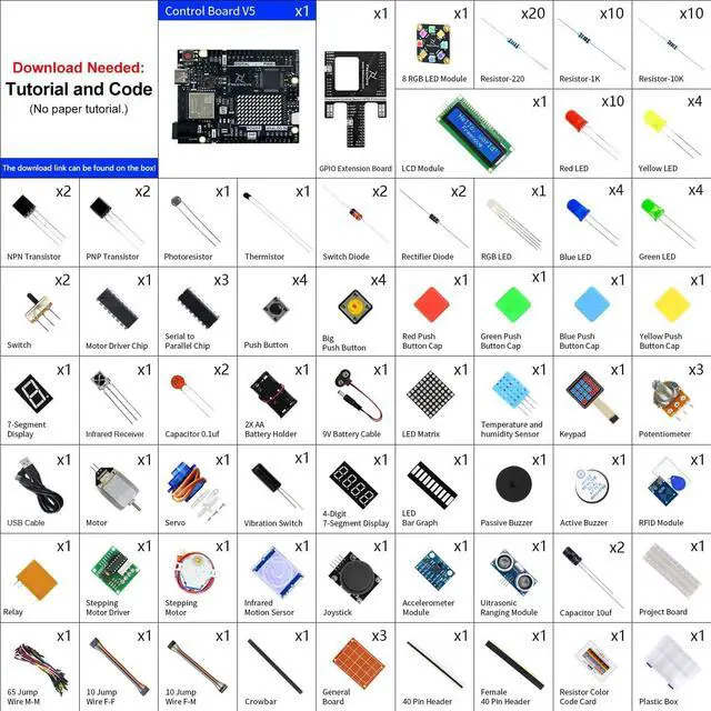 Alt view image 2 of 7 - Ultimate Starter Kit with Board V5 Rev4 WiFi (Compatible with  IDE), Arm Cortex-M4 Microcontroller, Onboard ESP32-S3, 399-Page Detailed Tutorial, 220 Items, 78 Projects
