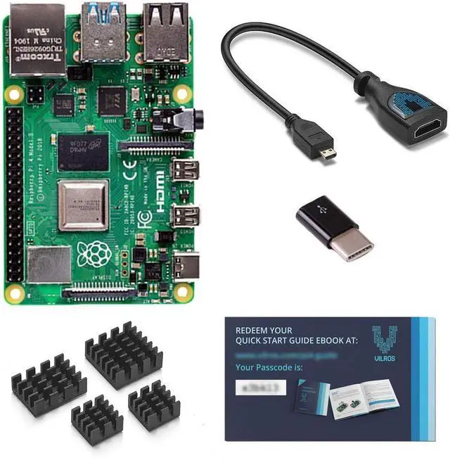 Main image of 4 8GB Model B with USB-C & Micro HDMI Adapters, Heatsink Set of 4 & Quickstart Guide E-Book,  Kit for Single Board Computer Projects [Includes Ebook]
