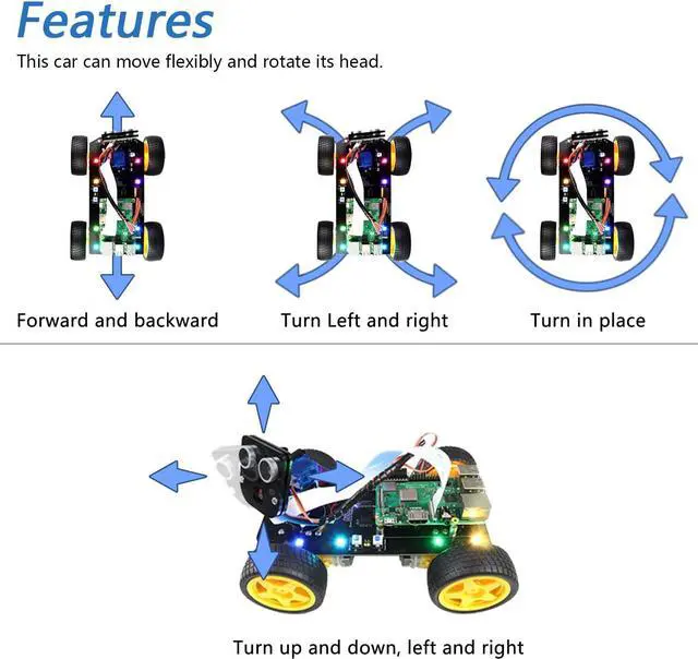 Alt view image 3 of 7 - 4WD Smart Car Kit for  5 4 B 3 B+ Zero 2 W, Face Tracking, Line Tracking, Light Tracing, Obstacle Avoidance, App Control, Camera, Servo ( NOT Included)