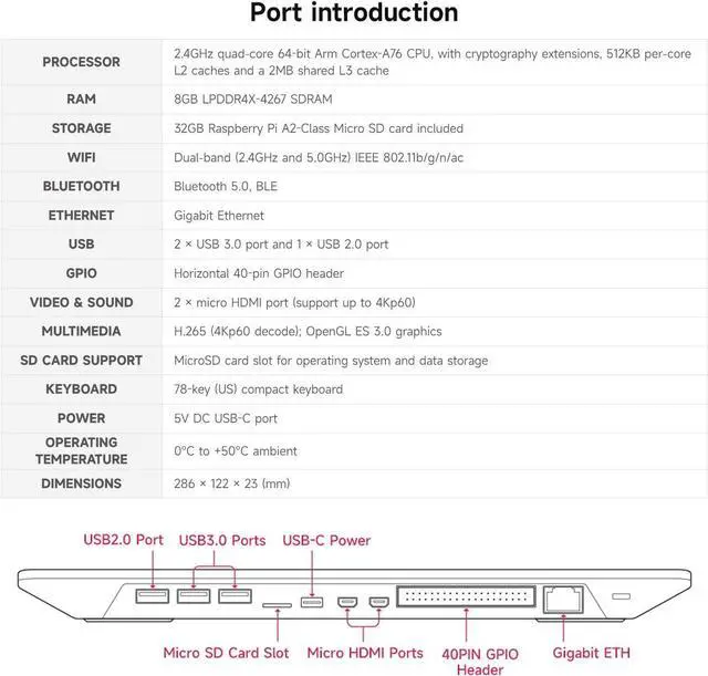 Alt view image 6 of 7 - Pi 500 Portable Keyboard, Compatible with  500, Personal Computer, Quad-core Arm Processor, WiFi/Bluetooth Support, Dual-4K Outputs, Comes with Official 32GB Micro SD Card