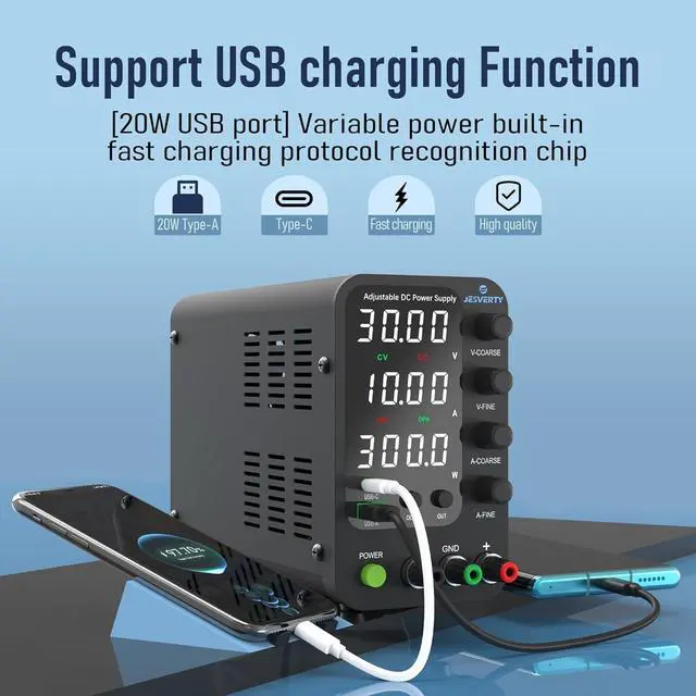Alt view image 2 of 6 - DC Power Supply able, 0-32V 0-10A Switching Bench Power Supply with 20W USB & Type-C Quick-Charge, Encoder Corase & Fine Adjustment Knob, Output Switch, 4-Digit LED Display - SPS-3010V