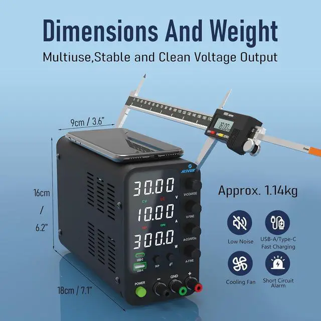 Alt view image 4 of 6 - DC Power Supply able, 0-32V 0-10A Switching Bench Power Supply with 20W USB & Type-C Quick-Charge, Encoder Corase & Fine Adjustment Knob, Output Switch, 4-Digit LED Display - SPS-3010V