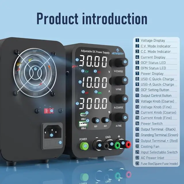 Alt view image 5 of 6 - DC Power Supply able, 0-32V 0-10A Switching Bench Power Supply with 20W USB & Type-C Quick-Charge, Encoder Corase & Fine Adjustment Knob, Output Switch, 4-Digit LED Display - SPS-3010V