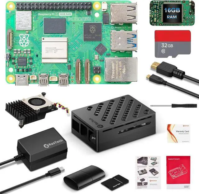 Main image of for  5 16GB Kit with GaN 27W 5.1V5A USB-C Power Supply, Active Cooler,32GB Card Reders Kit, 4K Micro HD Out Cable, Pi 5 16GB Board Case and User Manual Included