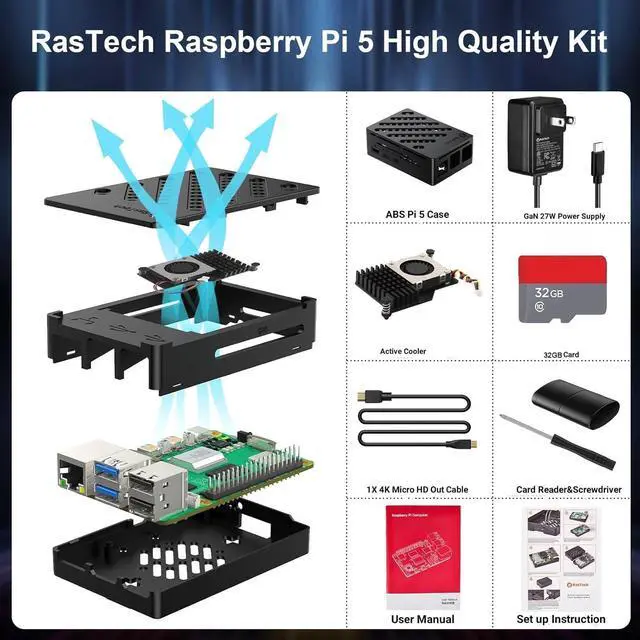 Alt view image 2 of 7 - for  5 16GB Kit with GaN 27W 5.1V5A USB-C Power Supply, Active Cooler,32GB Card Reders Kit, 4K Micro HD Out Cable, Pi 5 16GB Board Case and User Manual Included