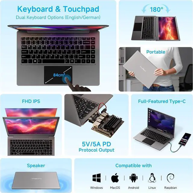 Alt view image 2 of 7 - Portable Monitor with Keyboard, 14 Inch Lapdock Display with Built-in Battery, 1080P FHD USB C Monitors with RPi5 & Jetson Adapters Compatible with , PC, Phone, Mac, Game Console