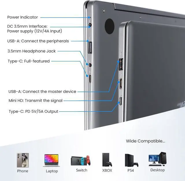 Alt view image 7 of 7 - Portable Monitor with Keyboard, 14 Inch Lapdock Display with Built-in Battery, 1080P FHD USB C Monitors with RPi5 & Jetson Adapters Compatible with , PC, Phone, Mac, Game Console