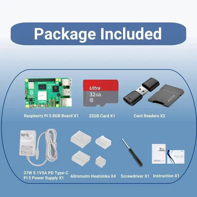 Alt view image 2 of 7 - 5 Kit 8GB RAM with 32GB Card Readers Kit, 27W 5.1V5A PD Power Supply for  5, Aluminum Heatsinks 4pcs and Pi 5 8GB Board