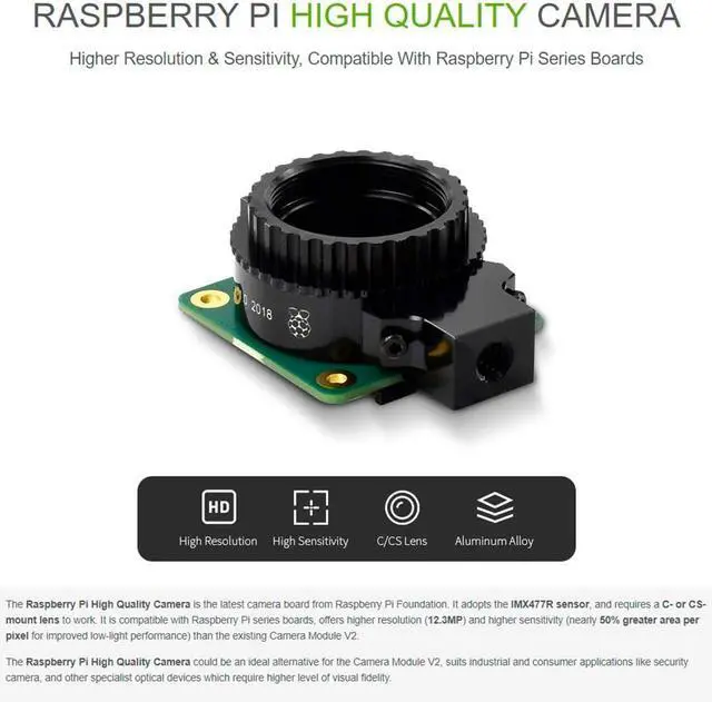 Alt view image 2 of 7 - HQ Camera Module with Case for  4B/3B+/3B/2B/A+/Zero/W/Zero WH,12.3MP IMX477 Sensor Support C- and CS-Mount Lenses, Alternative for  Camera Module V2 (8 Items)